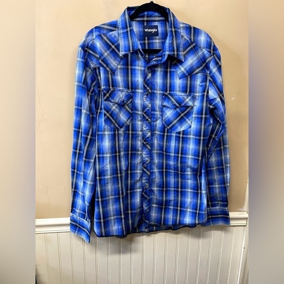 Wrangler Mens Blue Black Plaid Pearl Snap Western Rodeo Rockabilly Shirt Size XL - Picture 1 of 6